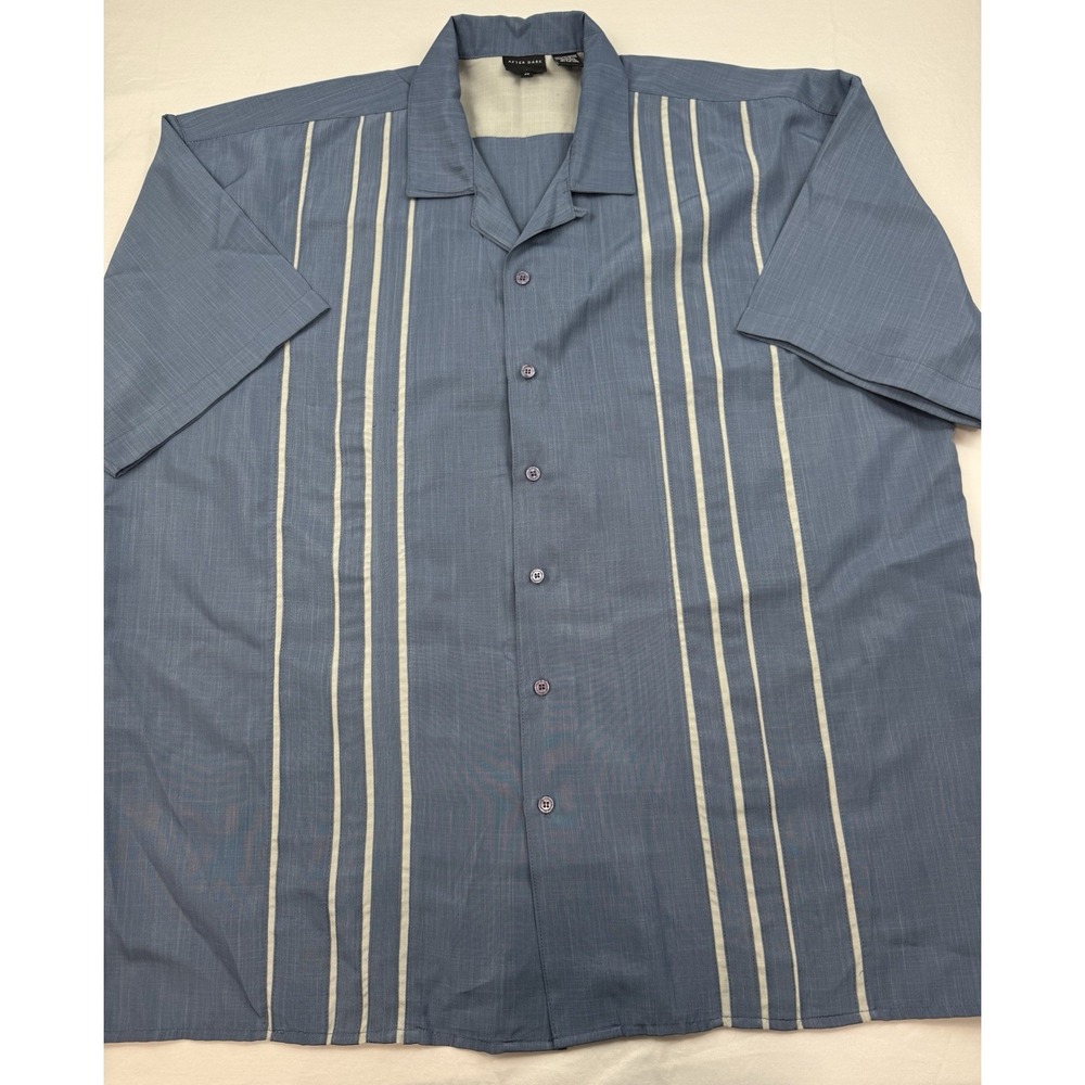 After Dark Men's Sz 2XL Bowling Shirt Blue With Khaki Stripe Stitched GUC